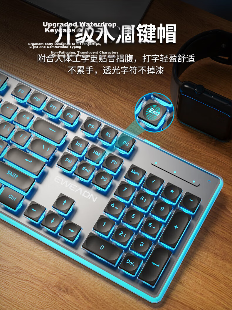 EWEADN X7S Wireless Keyboard Single Mode 2.4G True Mechanical Feel 104-Key Low-Profile Office Keyboard Compatible with Desktop and Laptop Rechargeable Membrane Keyboard Black Blue Light 7