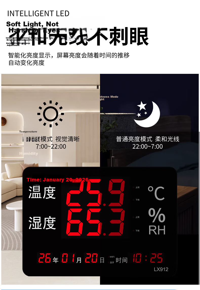 Rongce Industrial Grade LX912 Temperature and Humidity Meter for Warehouse Workshop Indoor Home Use High Precision Large Screen Built-in Probe 10