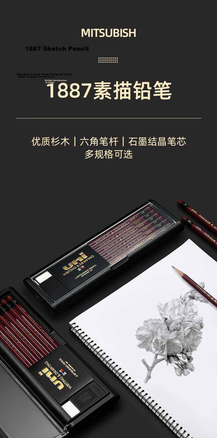 Uni Mitsubishi Back to School Gold 6B Wooden Pencil Set 12pcs/Box with Eraser 1887 1