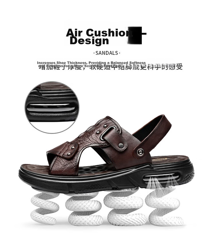 PLAYBOY Men's Leather Summer Sandals Genuine Leather Dual-Purpose Beach Shoes Lightweight Air Cushion Black Size 38 7