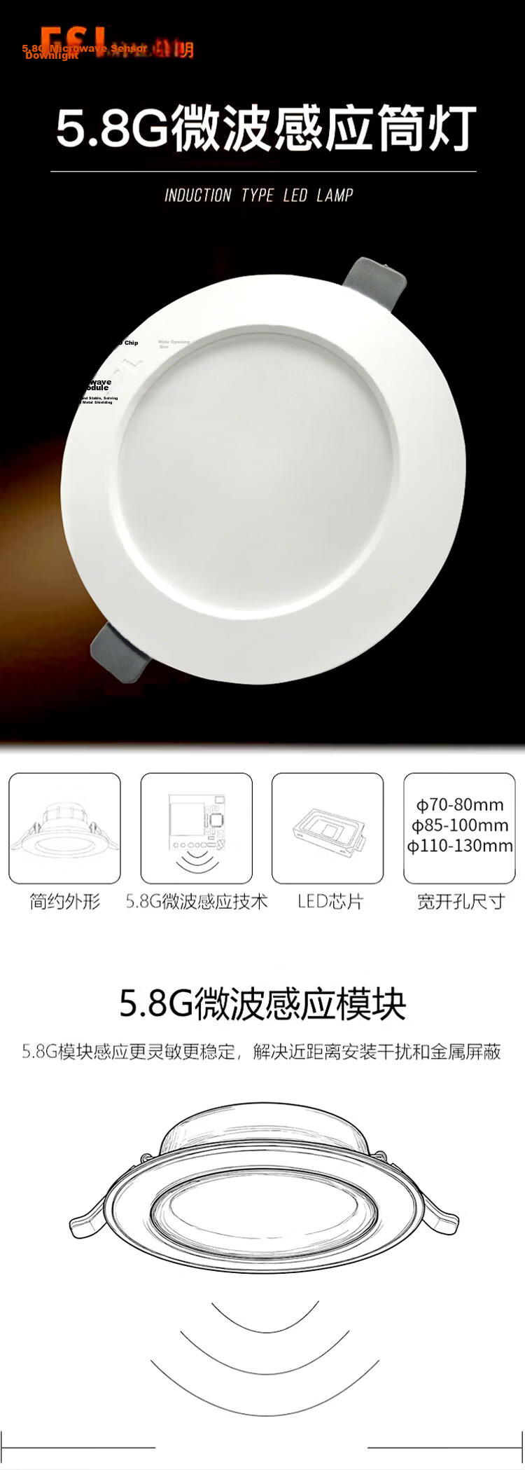 Foshan Lighting (FSL) 5.8G Smart LED Microwave Radar Motion Sensor Downlight Ultra-thin 6W Neutral Light (4000K) with Photosensitive Sensor, Cutout Φ85-100mm 1