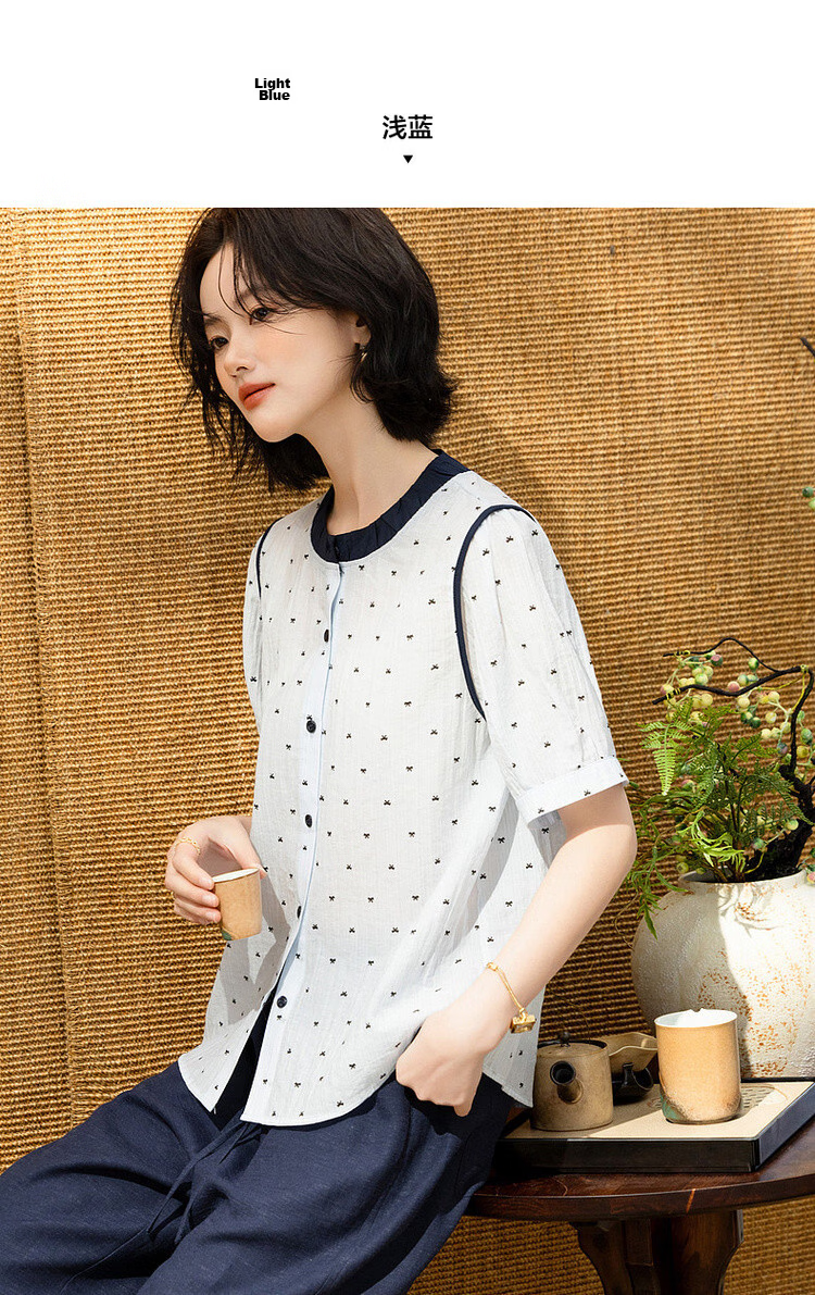 Demana [Smooth Lyocell] Summer Color-Block Bowknot Printed Round Neck Striped Short Sleeve Loose Petite Women's Shirt 16
