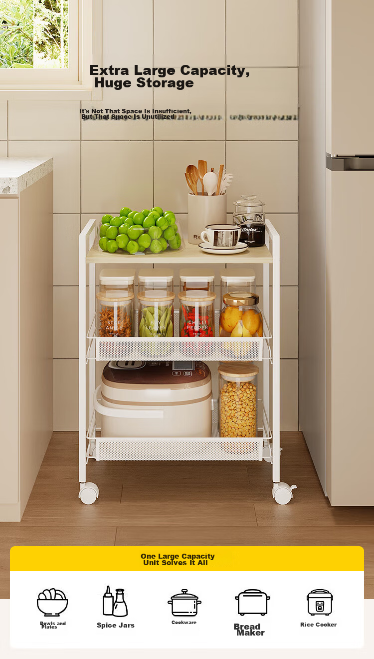 JD Original Kitchen Storage Rack, Grid Floor-Standing Storage Shelf, Home Snack And Miscellaneous Item Organizer, Widened And Enlarged, Three-Tier White 3