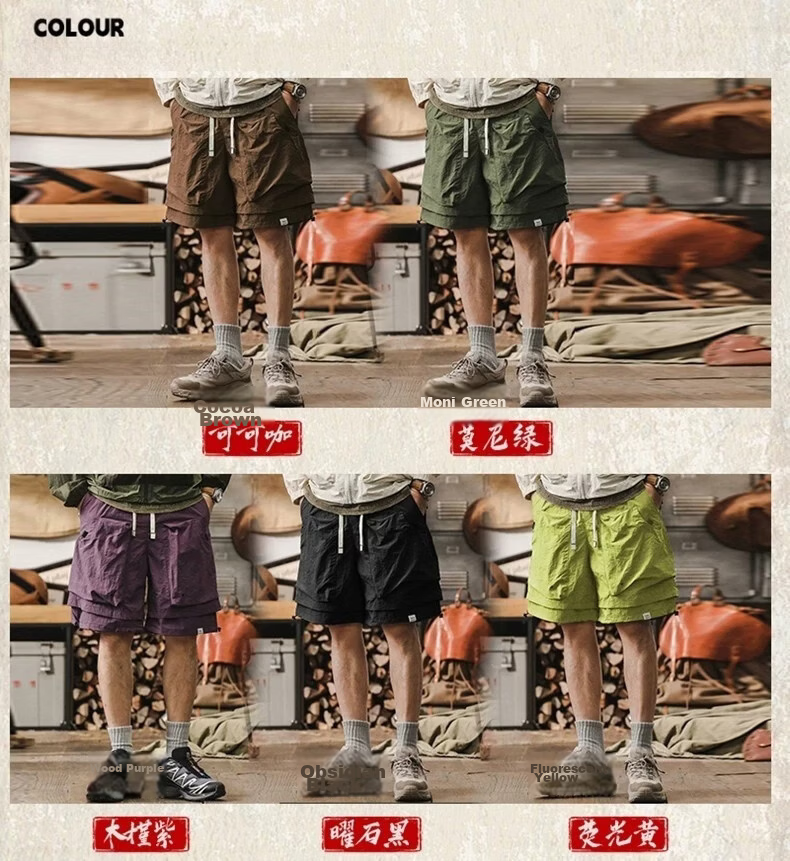 ROMON Men's Outdoor Functional Waterproof Quick-Dry Cargo Shorts Summer Cool Trendy Fake Two-Piece Mountain Casual Knee-Length Pants 5