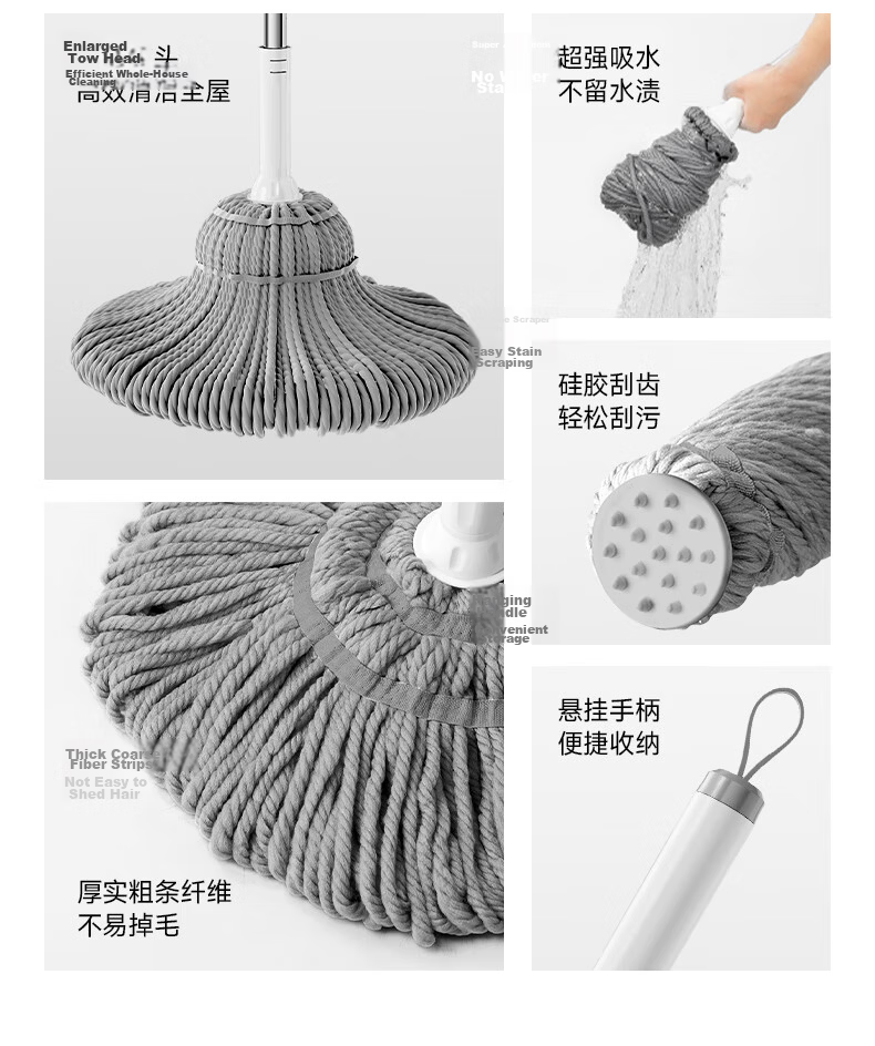 Wuyuehua Wide Mop, 55CM Wide X 138CM Long, 1 Cloth, No Hand Washing Required, Self-Wringing, Card Lock, Self-Tightening Water Mop for Home Use, Extra Large Mop Head 5