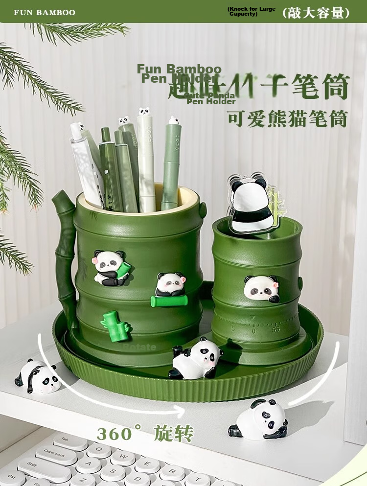 Youth Companion 360° Rotating Pen Holder Desktop Ornament Essential Back-to-School Kids Office Desk Organizer Creative Cute Panda Bamboo Timer Model with Timing Function 1
