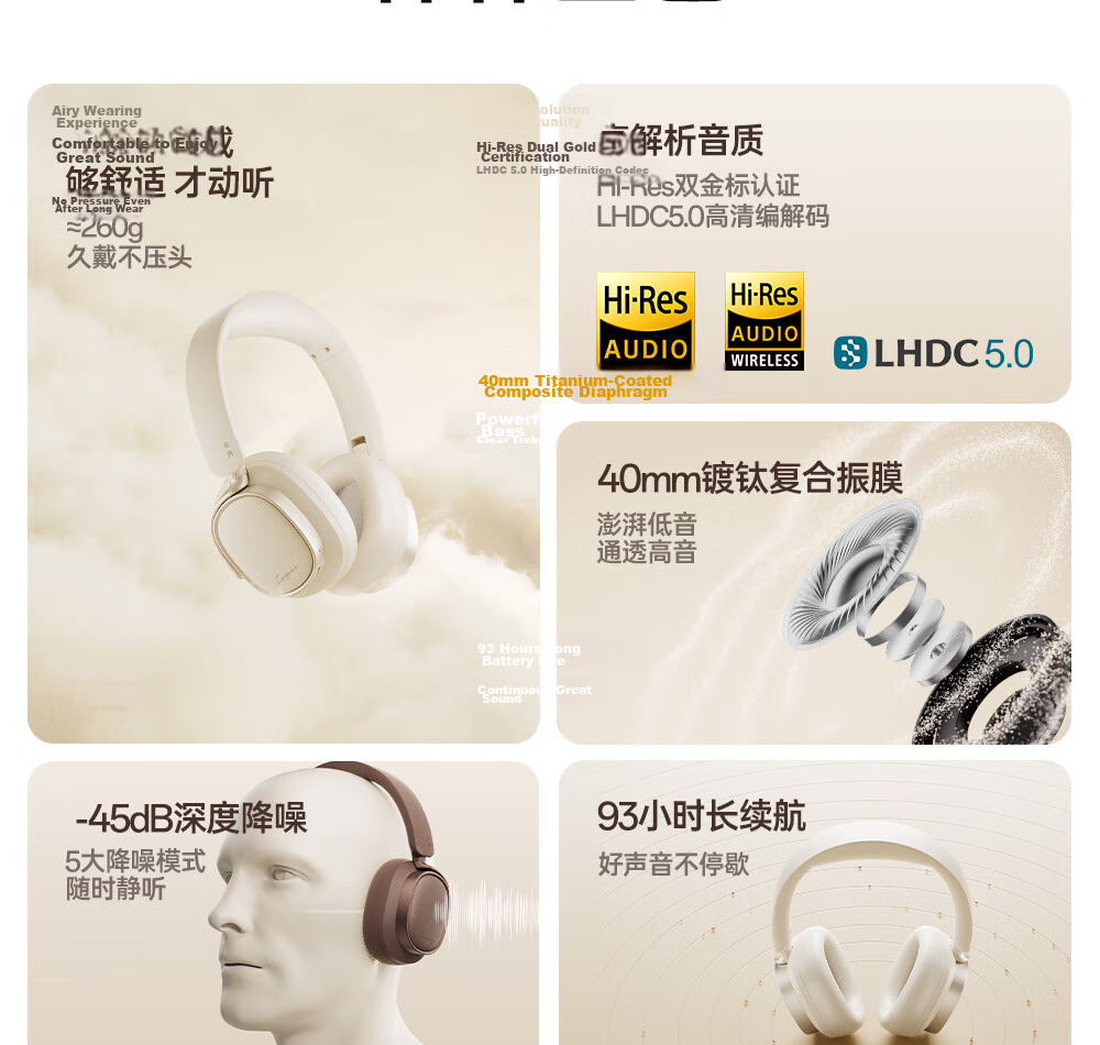 EDIFIER Evo Space Over-Ear Active Noise Cancelling Bluetooth Headphones Spatial Sound Dual Gold Certification 93-Hour Battery Life -45dB Noise Cancellation Mother-of-Pearl White 3