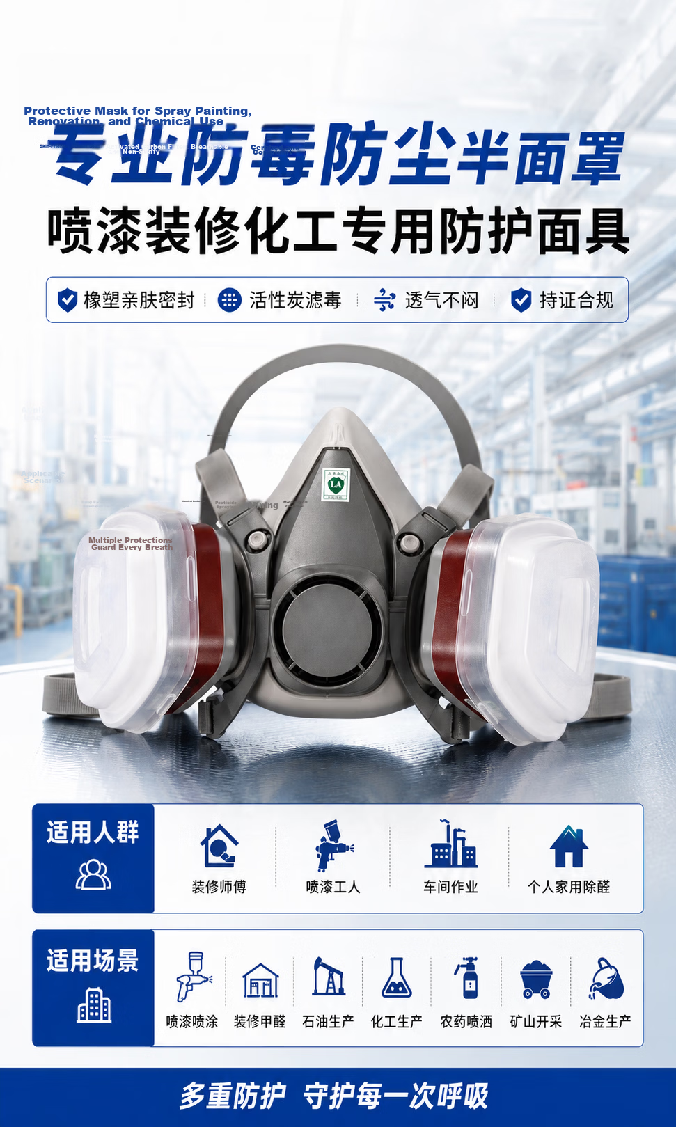 Hulidun CF6200 Gas Mask Respirator Dustproof Toxic Gas Protection Pesticide Industrial Spray Renovation Dust CF6200 Half Facepiece + No.3 Filter Cartridge 1