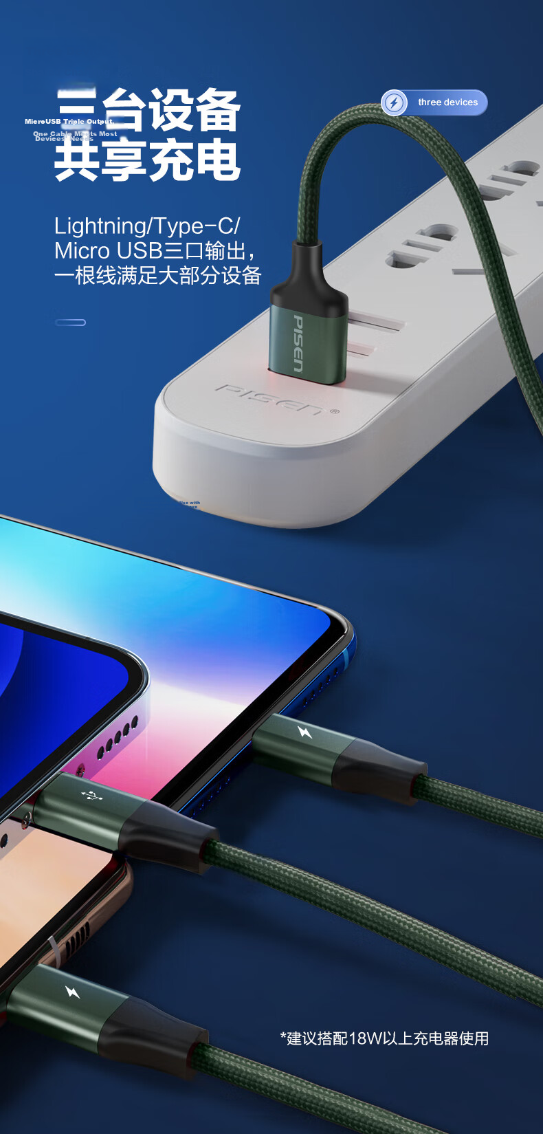 Pisen 3-in-1 Data Cable Apple Type-C Android Car Charger Fast Charging Cable Compatible with iPhone 17/16/14 Xiaomi Oppo Vivo Huawei Mate60/P70 4