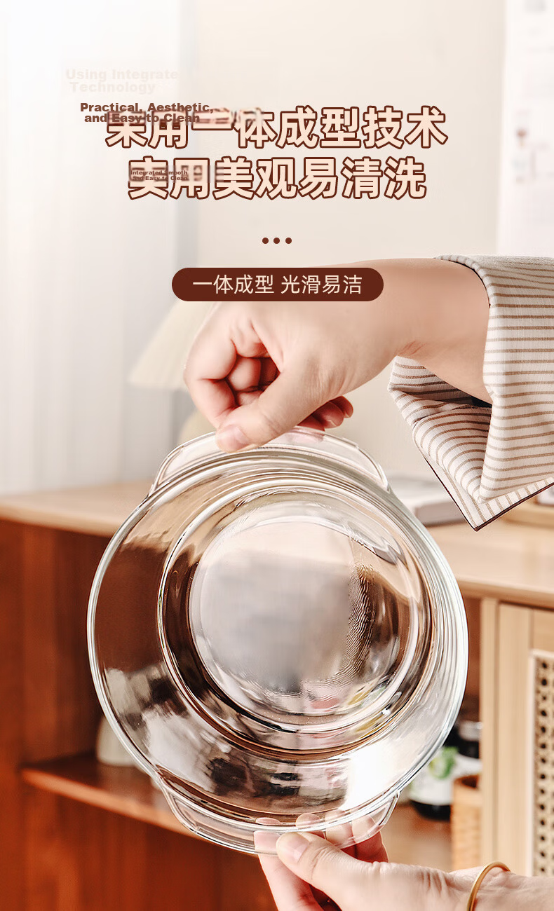 Genas Double-Handle Transparent Heat-Resistant Glass Bowl Large with Lid Microwave Safe Soup Noodle Salad Bowl Tableware 1.5L 8