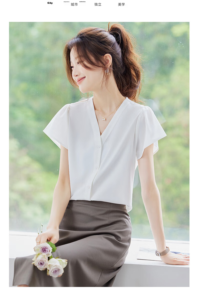Jeanswest Women's Shirt 2026 Summer Short Sleeve Elegant Versatile Fashion V-Neck Solid Color Top Blue XL 10
