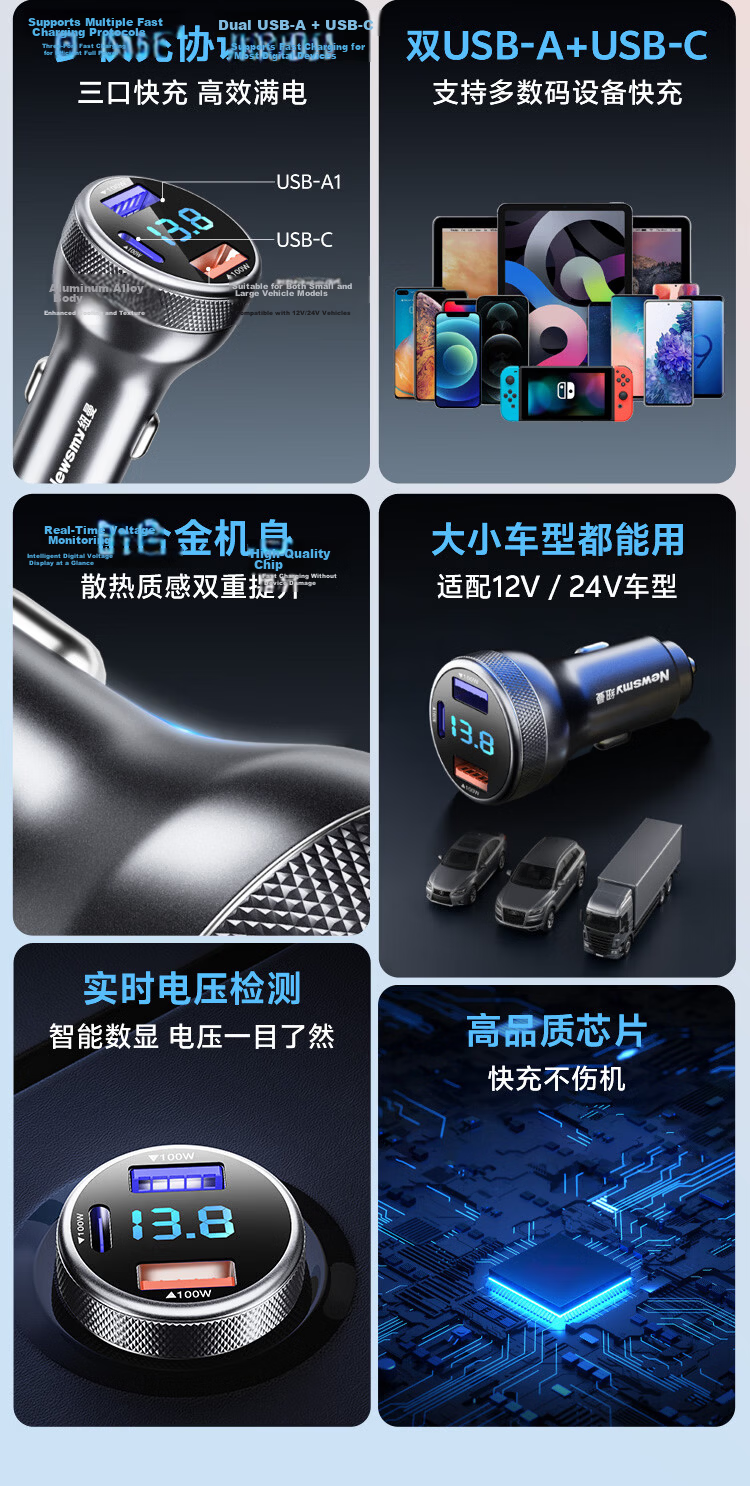 Newsmy Car Charger Super Fast Charging 3-in-1 Cigarette Lighter Adapter USB Port Type-C High Power Compatible with OPPO OnePlus VO Huawei Xiaomi Apple 17W 5