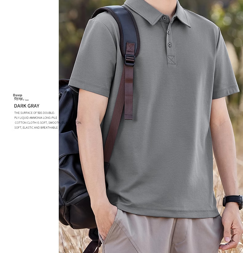 ROMON Men's Liquid Ammonia Mercerized Cotton Polo Shirt Short Sleeve Summer High-End Business Casual T-Shirt Khaki 2XL 21