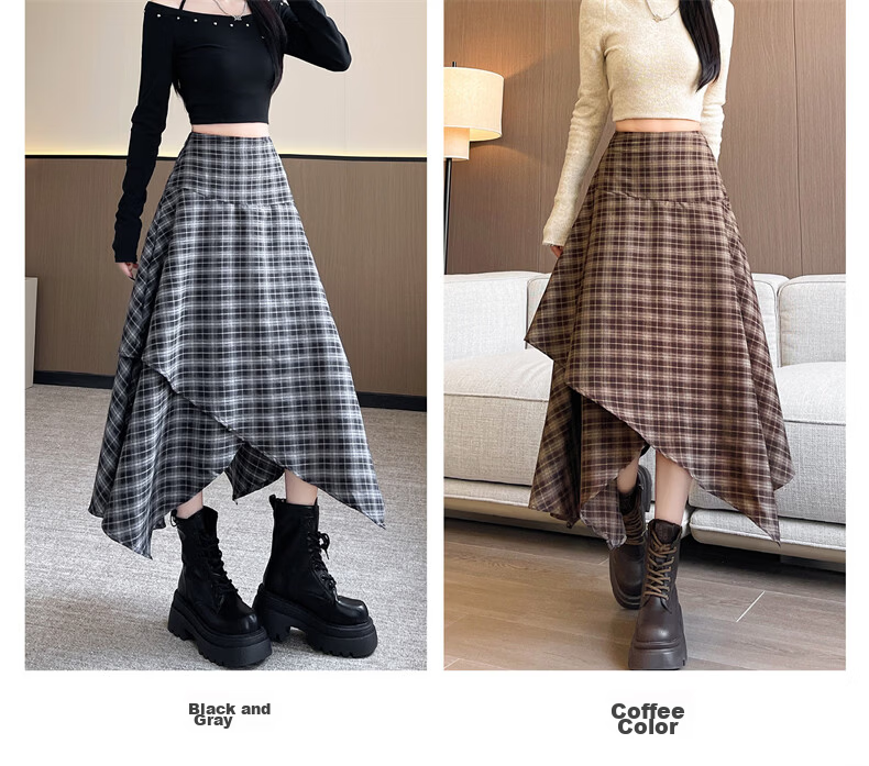 Langsha Irregular Checkered High-Waist Loose Slimming A-Line Mid-Length Skirt for Women Autumn 2026 New Style 7