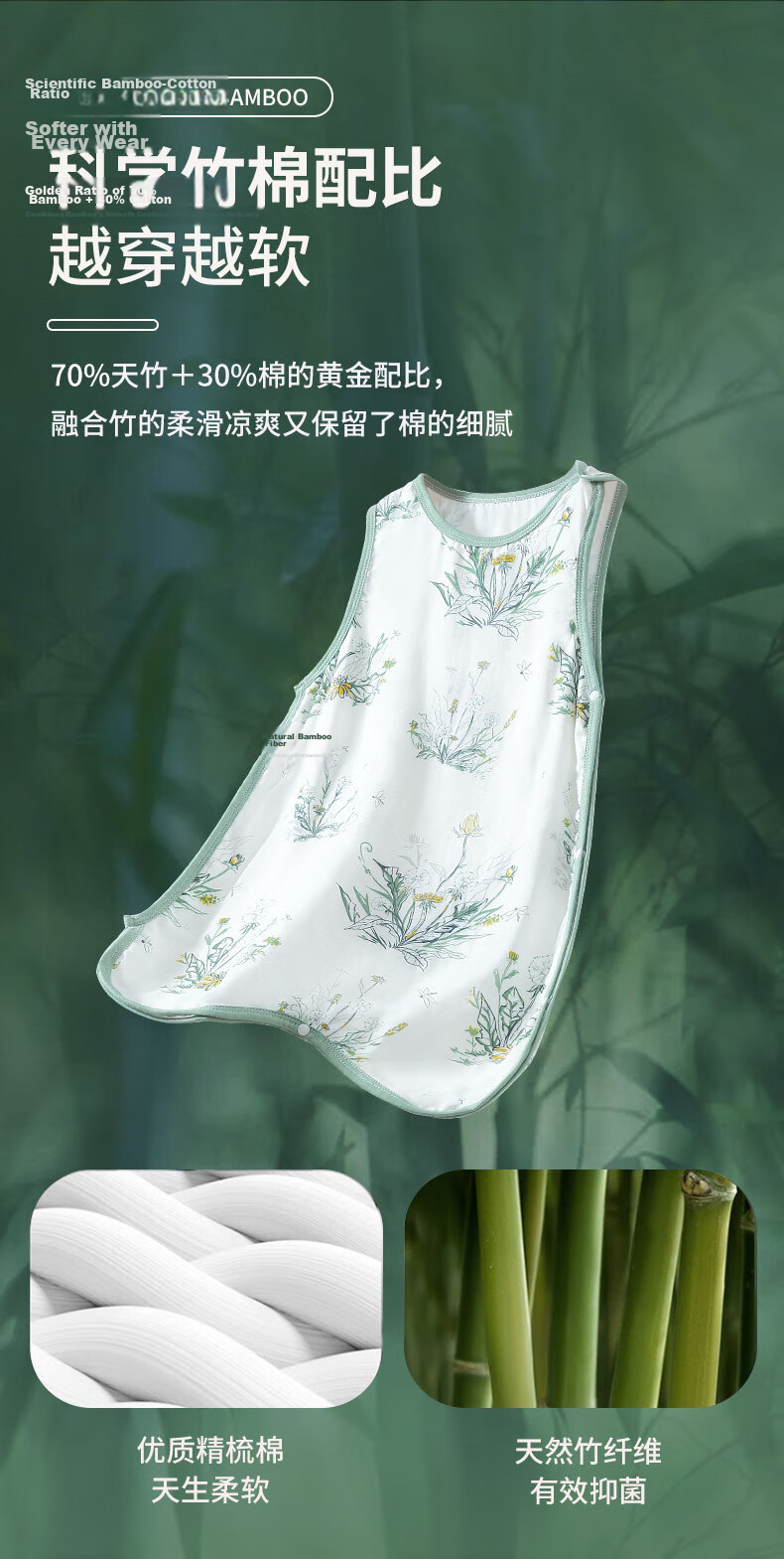 Nanjiren Baby Split-Leg Sleeping Bag, Spring And Autumn Bamboo Cotton, Front 4 Back 2 Gauze, Infant Anti-Kick Blanket Pajamas, Size 100 5