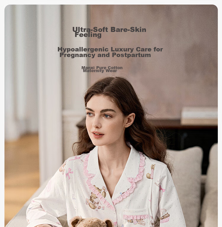 EMXEE Spring Summer Hypoallergenic Breathable Pure Cotton Maternity Nursing Pajamas Postpartum Maternity Homewear Set L 4