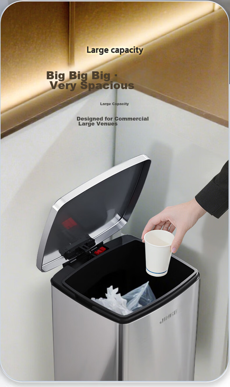Jinke 25L Stainless Steel Trash Can Large Capacity Commercial Foot Pedal with Lid Square Sand Silver Steel for Mall Hotel Lobby Office Kitchen Living Room 1