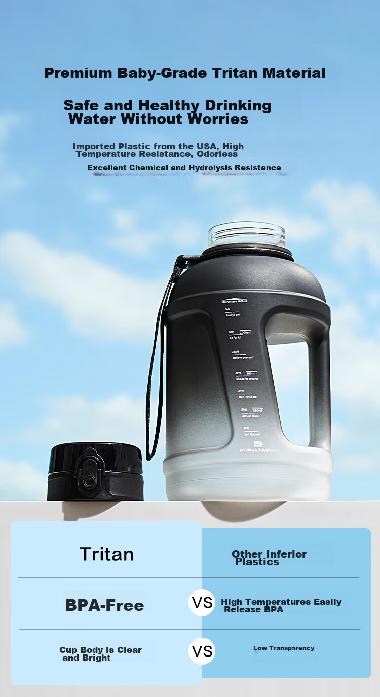 JD Jingzao Tritan Sports Water Bottle Large Capacity Portable Black and White Gradient 1.6L 5