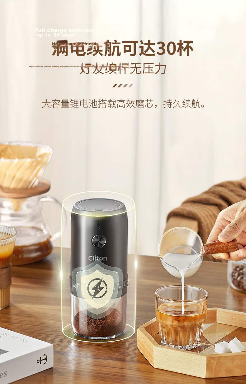CLITON Electric Coffee Grinder Adjustable Portable Manual Coffee Bean Grinder Automatic Powder Mill 12