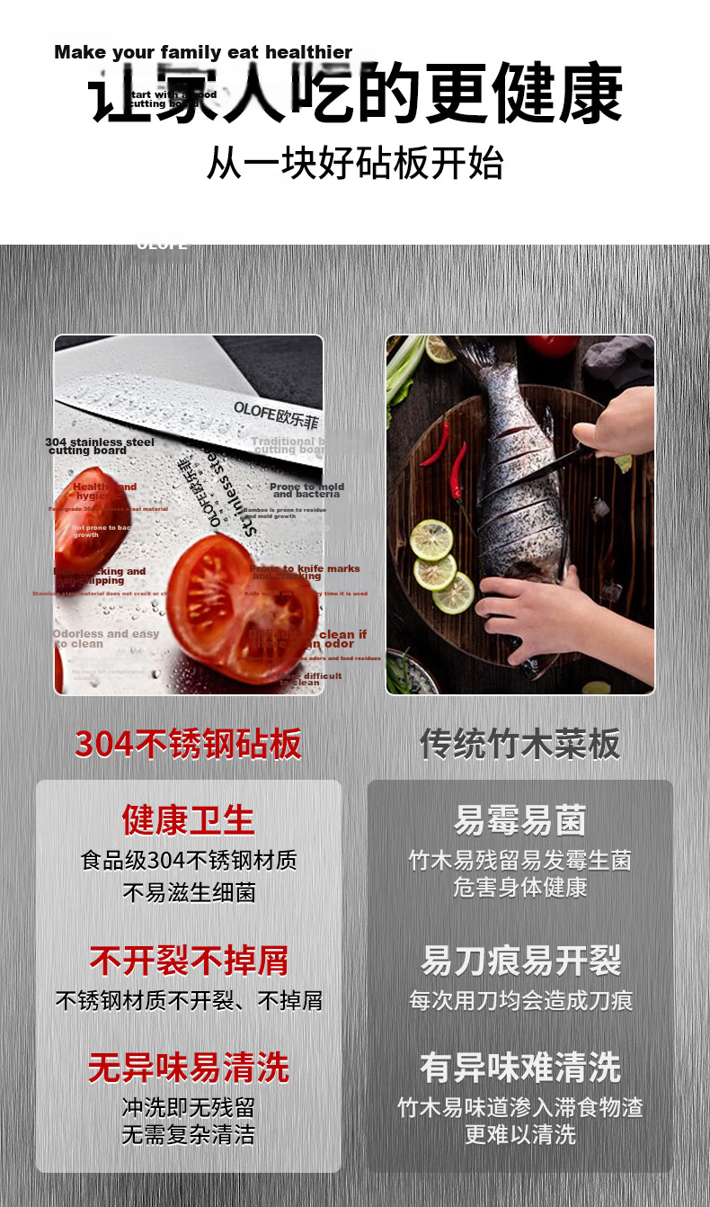 OLOFE 304 Stainless Steel Cutting Board Chopping Block Fruit Cutting Board Kneading Board Baoshikang Extra Large Size 39*28cm 8