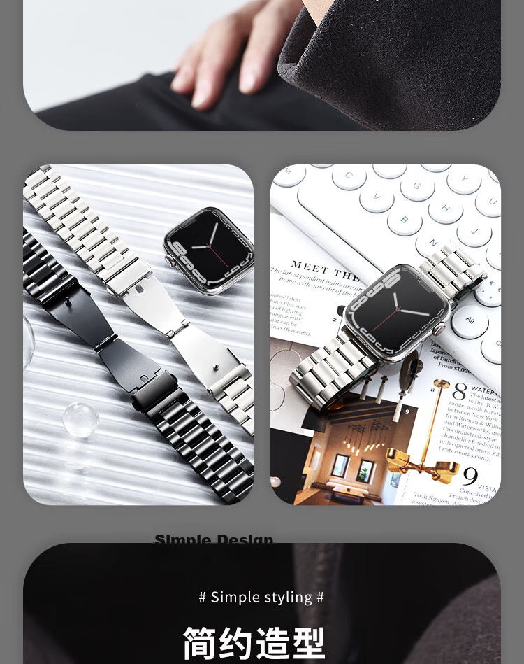 MSSM Compatible Apple Watch Band Metal Stainless Steel iWatch Band S11/Ultra3/S10/9/SE3 Apple Three-Link Stainless Steel Band - Graphite Black 41/40/38MM 13