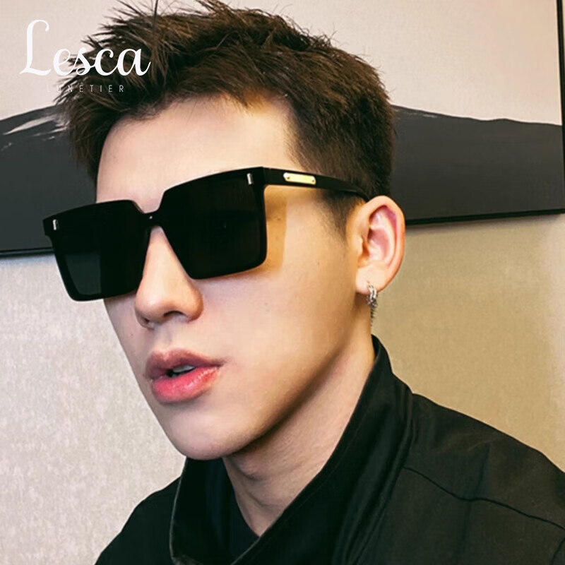 LESCA LUNETIER Simple Square Sunglasses, Trendy Men's Style, High-Definition Driving UV Protection Sunglasses for Women, Glossy Black