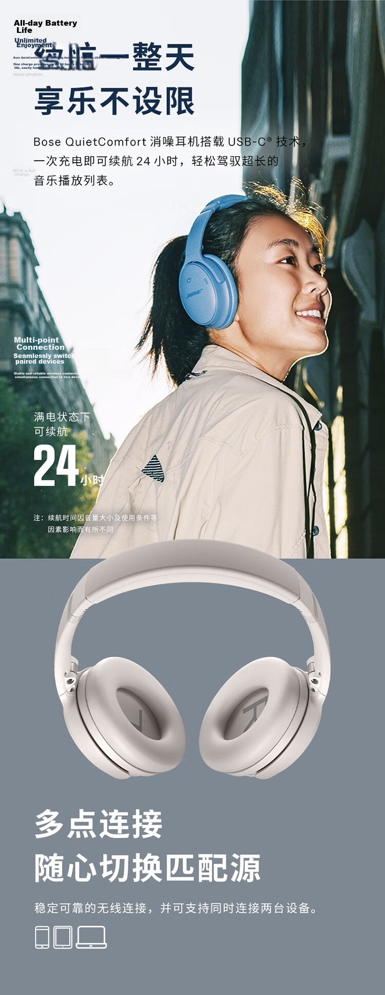 BOSE [Fresh Subsidy] QuietComfort Noise-Cancelling Headphones - Twilight Blue, Over-Ear Wireless Bluetooth Sports Noise-Cancelling QC45 Upgraded Version, Compatible with Huawei And Apple Earphones 9