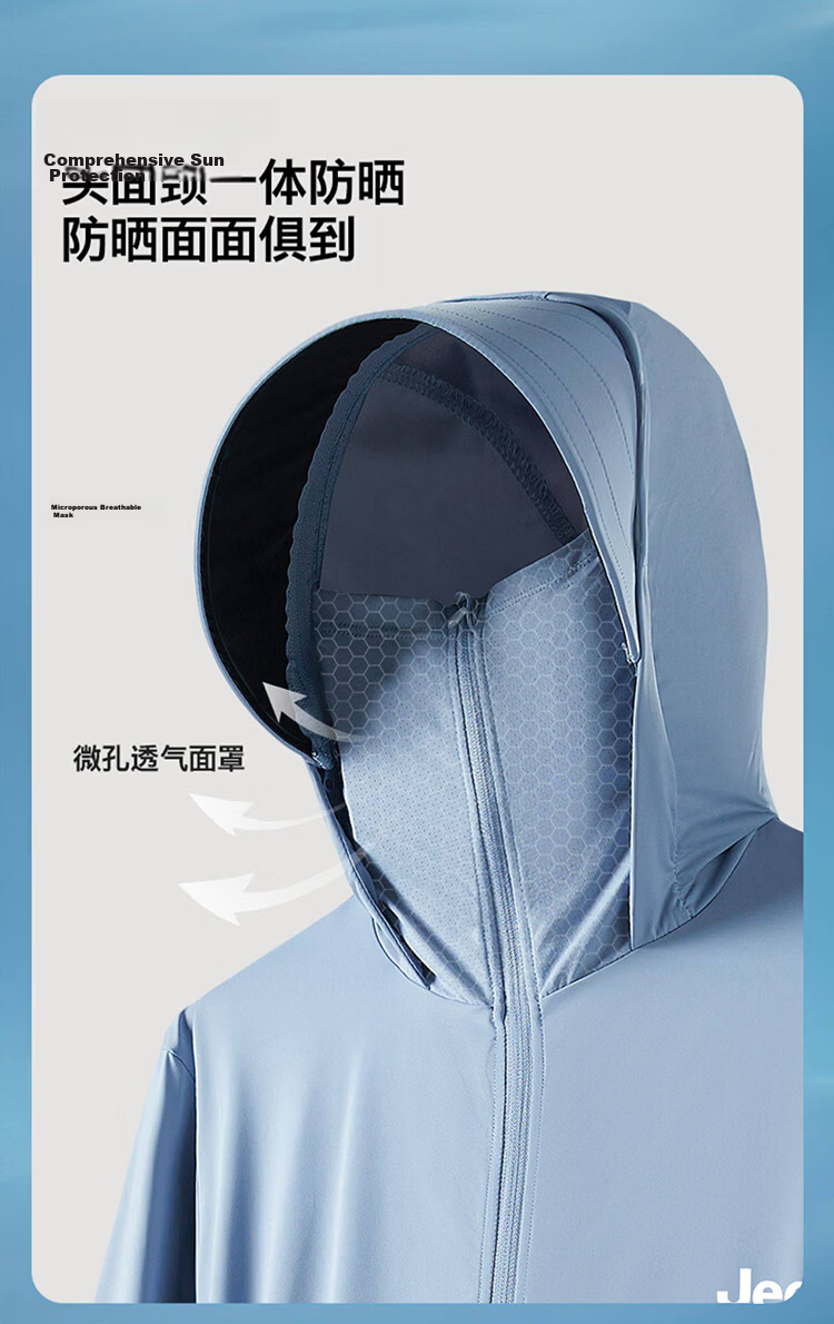 JEEP Men's Ice Silk Sun Protection Jacket Summer Lightweight Quick-Dry Fishing Hooded Sunproof Coat Haze Blue 2XL 6