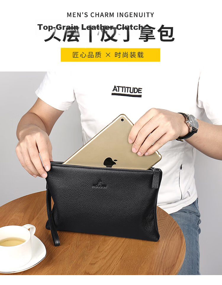 MEXICAN Men's Clutch, Top-Grain Leather Handbag, Multi-Card Slots, Zipper Envelope Bag, Wallet Clip, Birthday Gift for Me 3