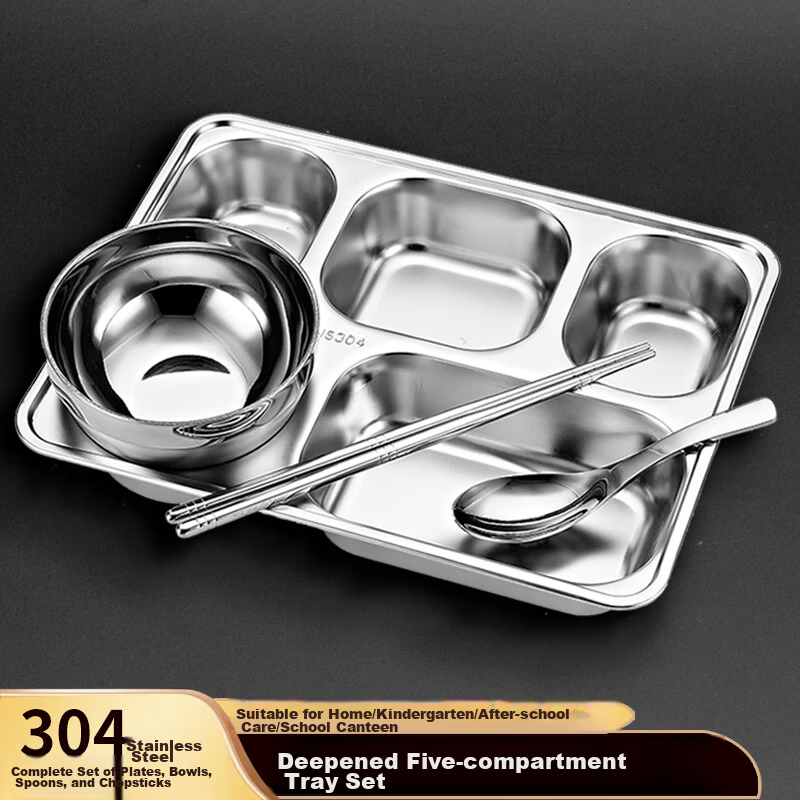 YUTAI 304 Stainless Steel Dining Plate Adult Canteen Food Tray Fast Food Plate Student Divided Meal Plate Lunch Box Tableware Set 15TZ