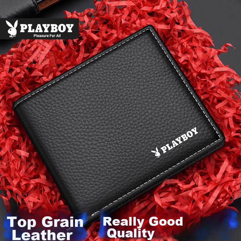 PLAYBOY Genuine Leather Men's Wallet First Layer Cowhide Card Holder ID Billfold Middle-aged Birthday Gift for Husband Father