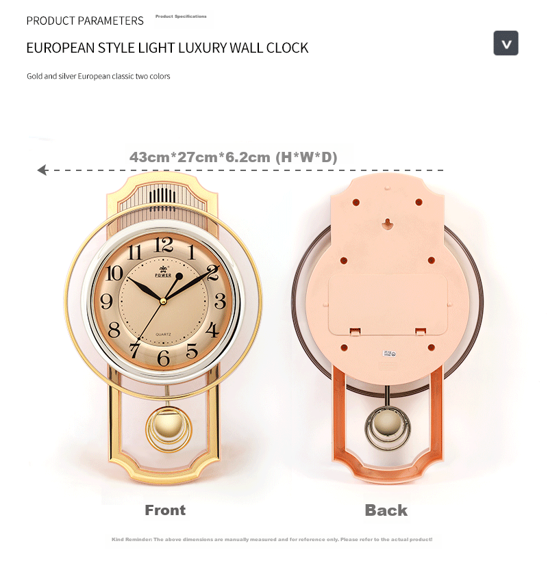 POWER Bawang Living Room Clock Hourly Music Chime Wall Clock Luxury Quartz Clock 43cm 6773ARMKS 15
