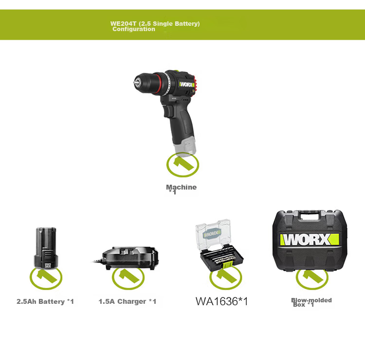 Worx 12V 50N Brushless Cordless Impact Drill Lithium Electric Hand Drill WE204T.9 (Bare Tool) Household Handheld Drill 10