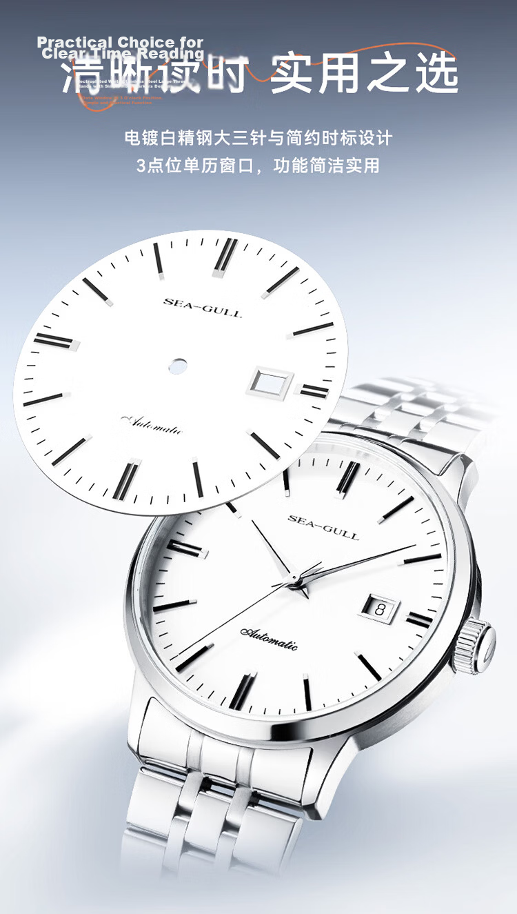 SEAGULL Men's Automatic Mechanical Watch with Date Display, Steel Strap Men's Watch, Birthday Gift for Men, Model 6613 White Dial Roman Numeral 13