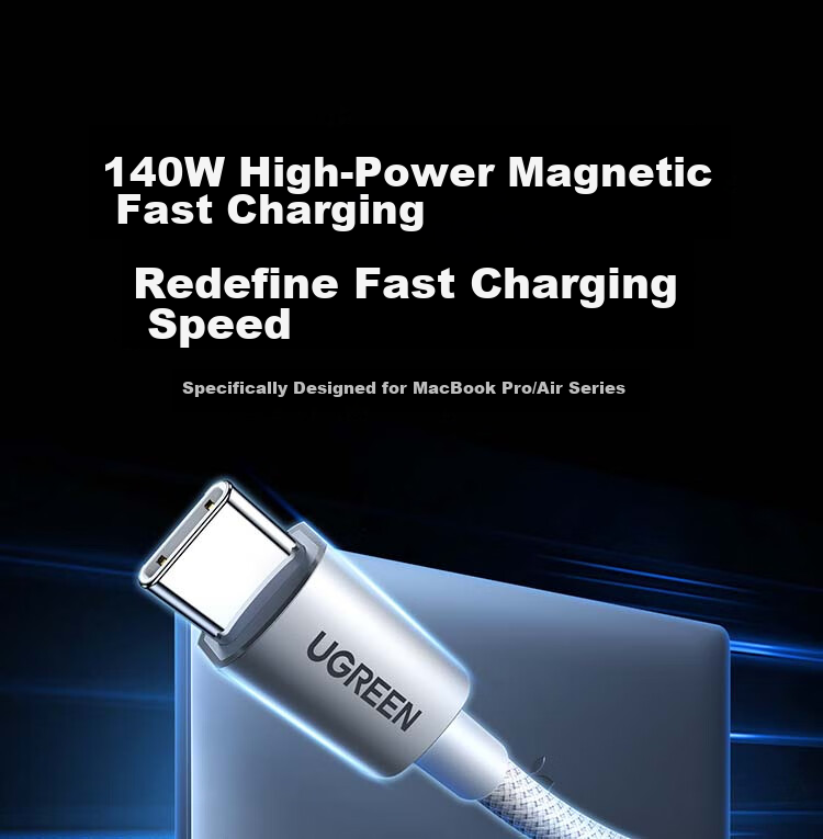 UGREEN 140W Magnetic Fast Charging Cable for Apple MacBook, Magsafe 3 Power Cable, Type-C to T-shaped Connector, 2m, Silver 1