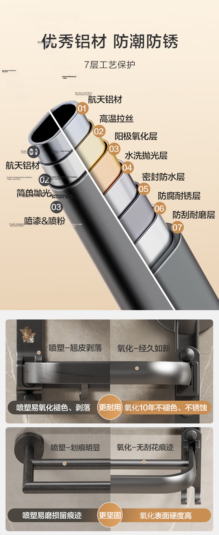 JD Jingzao Space+ No-Drill Suction Cup Towel Rack Bathroom Storage Shelf Towel Bar Space Aluminum 7