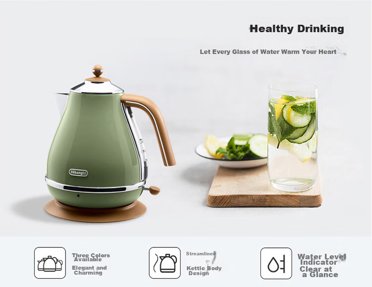 Delonghi Electric Kettle Home Retro 304 Stainless Steel Boiling Kettle Anti-Dry Burn High Power 1.7L Kettle KBO2001.VGR Olive Green Gift 6