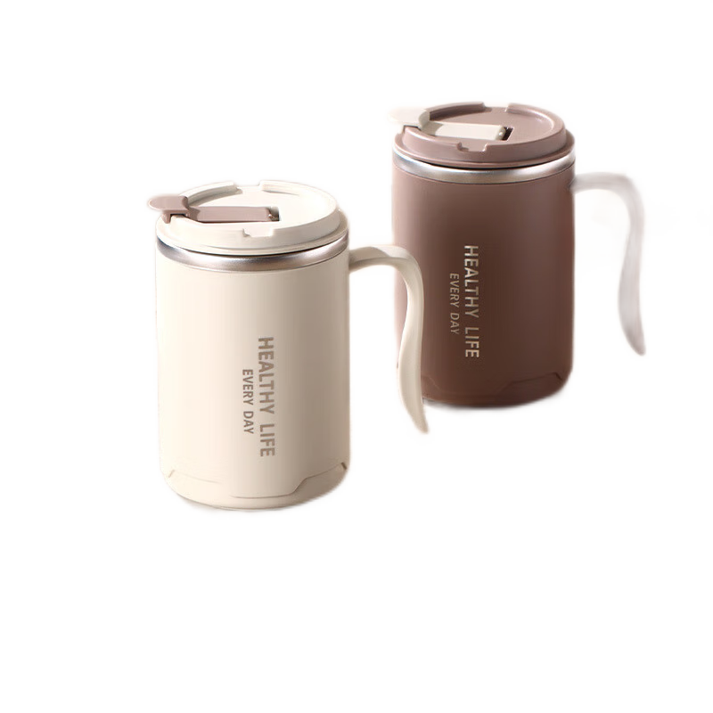 PINYU 304 Stainless Steel Double-Layer Insulated Coffee Mug with Lid, Beige, Home and Office Use