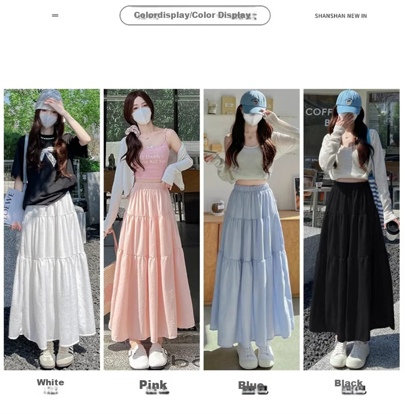 Langsha Women's Summer 2026 New High-Waist Slimming A-Line Pleated Long Skirt Elegant Sweet Puffy Cake Skirt 3