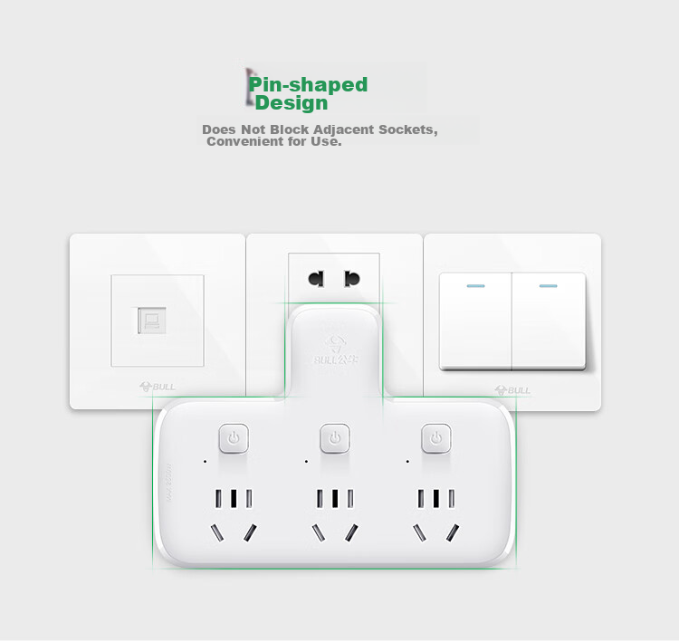 BULL Power Strip Extension Socket 1-to-3 Multi Outlet Adapter Converter Power Board for Bedroom and Kitchen, Three-Way Control Socket GN-96033 3