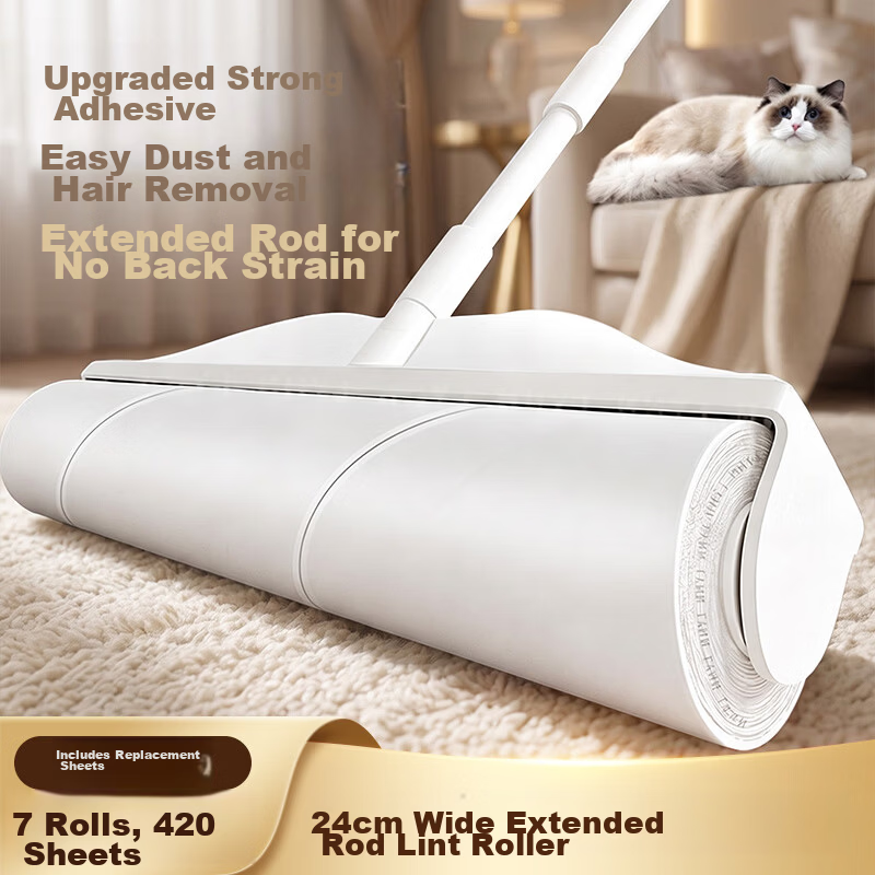 LYNN Lint Roller with Long Handle 24cm, 7 Rolls, 420 Sheets, Pet Hair Remover for Carpet, Bed Sheets, Sofa