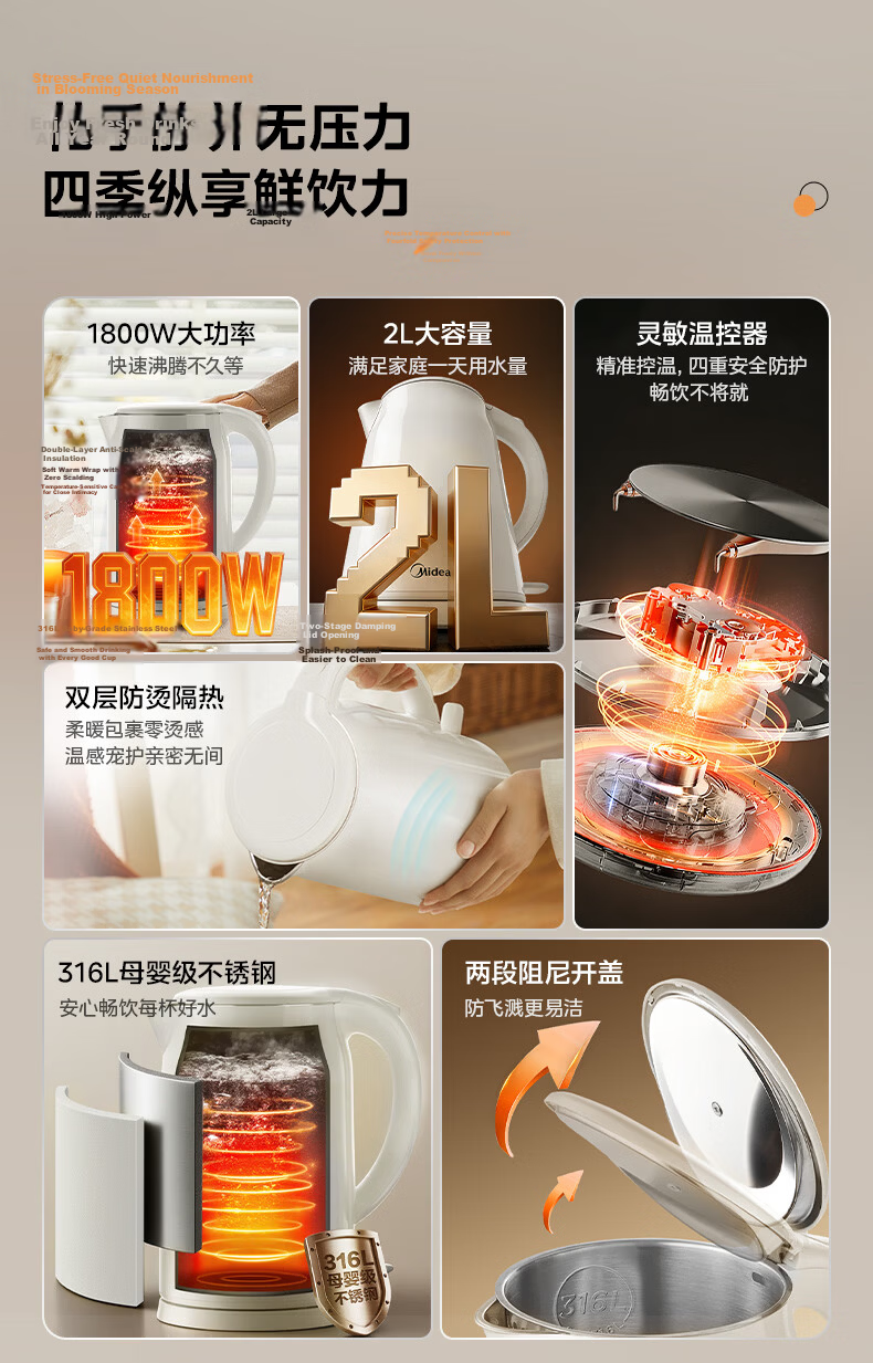 Midea Electric Kettle Auto Shut-Off Health Care Baby Grade 316L Stainless Steel 0 Coating 2L Large Capacity Double-Layer Anti-Scald MK-SH20M320-PRO 3