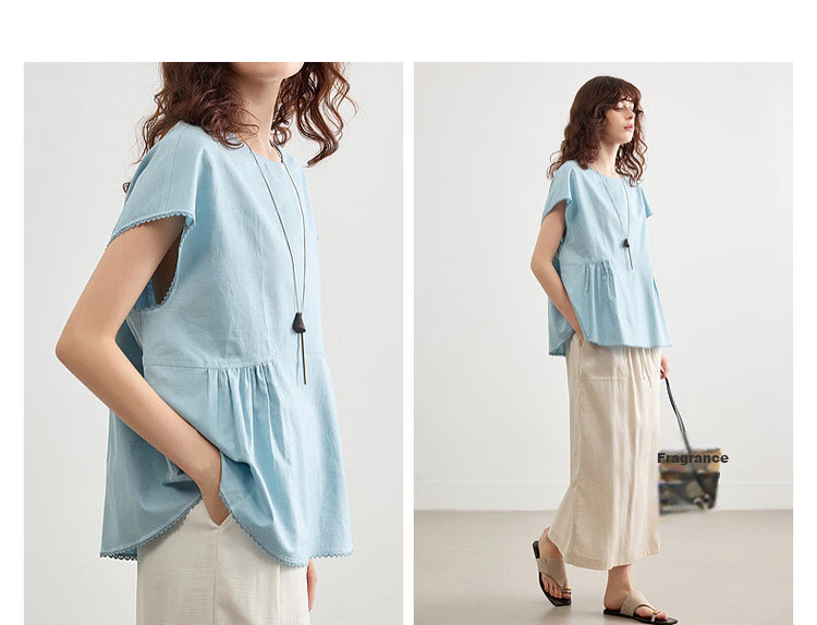 Demana [with Flax Cloud Cotton] Summer Simple Style Round Neck Covered Sleeve Lace Lightweight Loose Slim Shirt for Women Premium 8