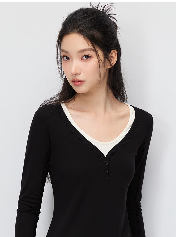 Semir Women's Long Sleeve T-Shirt 26 Autumn Short Slim Fit V-Neck Color Block Faux Two-Piece Top 109526101006 39