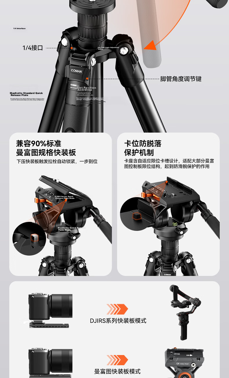 COMAN Camera Tripod, Upgraded Quick-Release Hydraulic Pan Head, Compatible with DJI RS3/RS4, Professional Photography And Videography Tripod, Dual-Use Portable Stand, Monopod KX3939plus 4