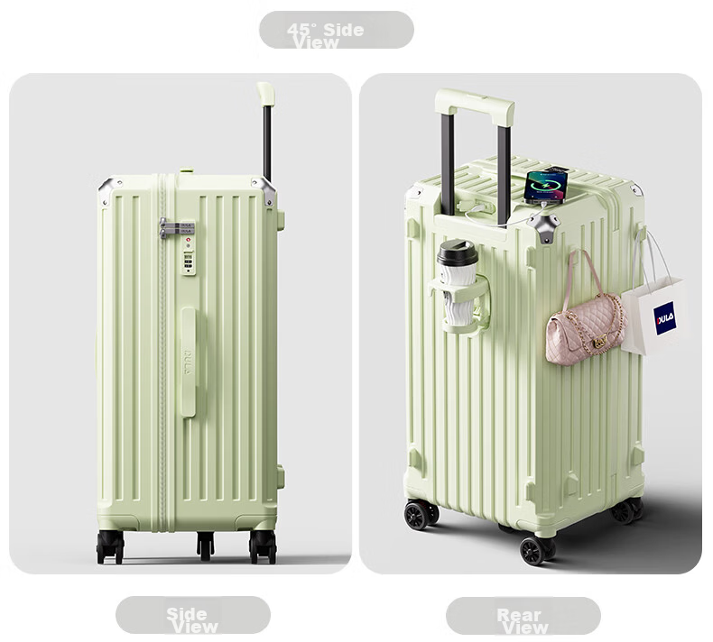 DULA Five-Wheel Large Capacity Suitcase with Cup Holder, Travel Luggage, Charging Trolley Case, Password Lock, Leather Suitcase, Glossy Black, 24 Inches 28
