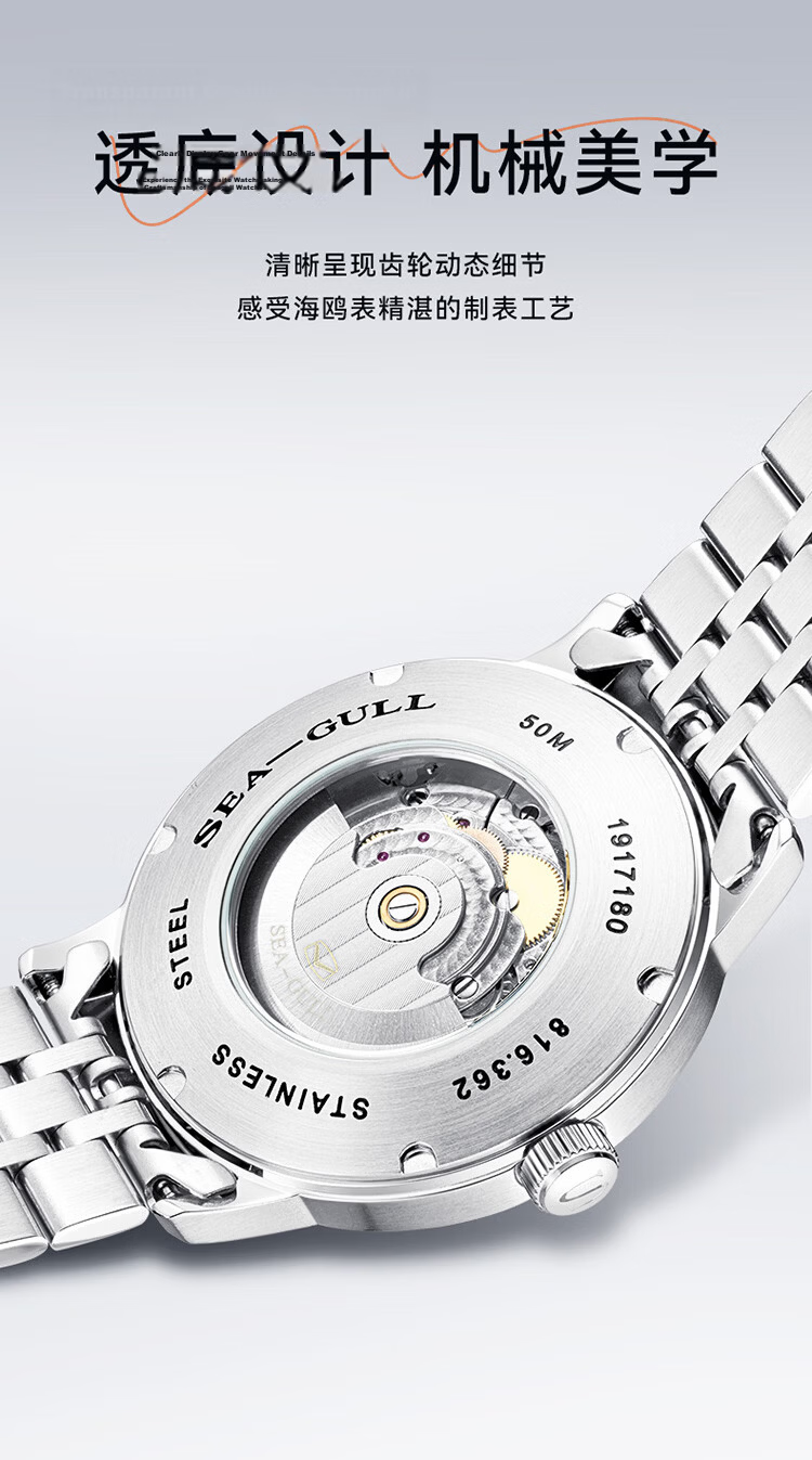 SEAGULL Men's Automatic Mechanical Watch with Date Display, Steel Strap Men's Watch, Birthday Gift for Men, Model 6613 White Dial Roman Numeral 8