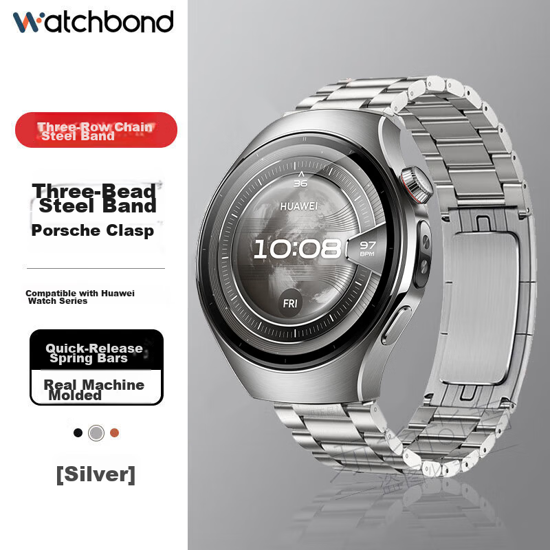 Watchbond Compatible with Huawei Watch Strap GT7Pro/6Pro, Steel Band for GT7/6/5/4/Pro, Stainless Steel Metal Three-Bead Porsche-Style Steel Band GT3Pro Strap