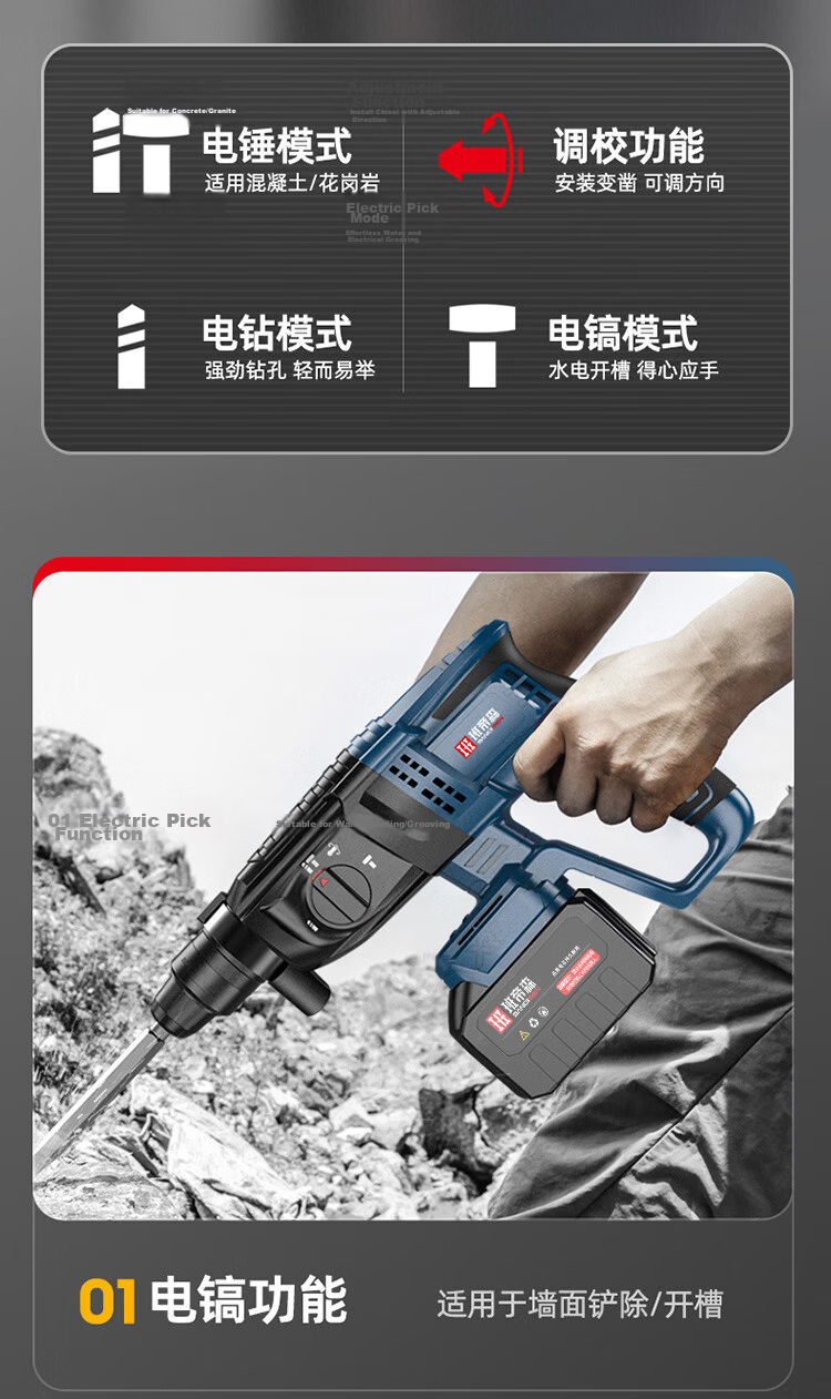 Bandisen 21V High-Power Household Lithium Battery Multifunctional Brushless Electric Hammer Drill, Electric Pick, Three-in-One Impact Drill Power Tool with 2 Batteries 5