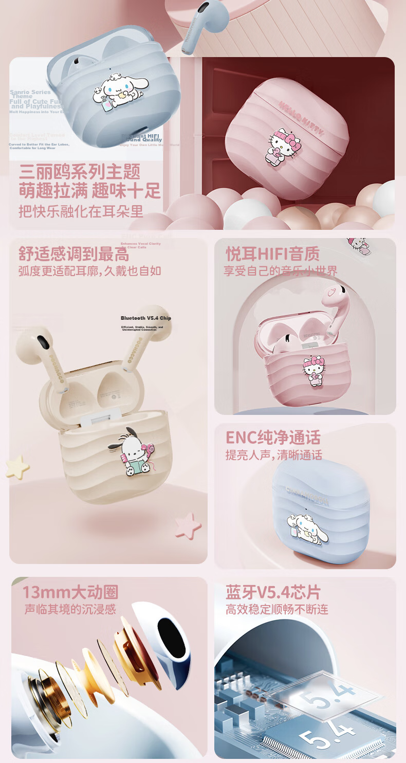 Chenfeng Sanrio Hello Kitty Semi-In-Ear Wireless Bluetooth Earphones Cute Style HD Call Music Headphones Girls Birthday Gift Compatible with Apple Huawei Xiaomi 2